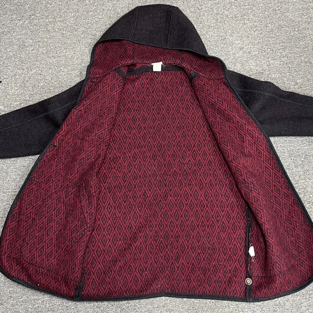 L.L. Bean Hooded Coat Womens Large Charcoal Red Wool Made in Austria Vintage_2